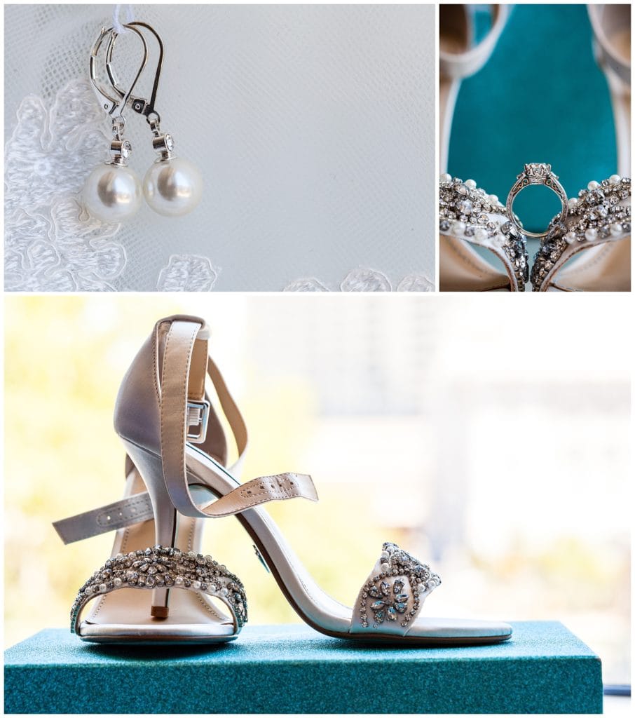 Bridal jewelry detail collage with pearl earrings, engagement ring and gemmed heals on blue box