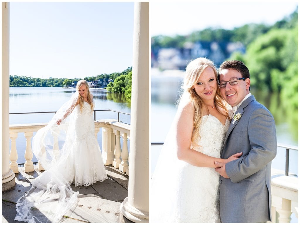 Traditional bridal portrait with long lace veil in the wind and ride and groom portrait over river at Waterworks wedding reception