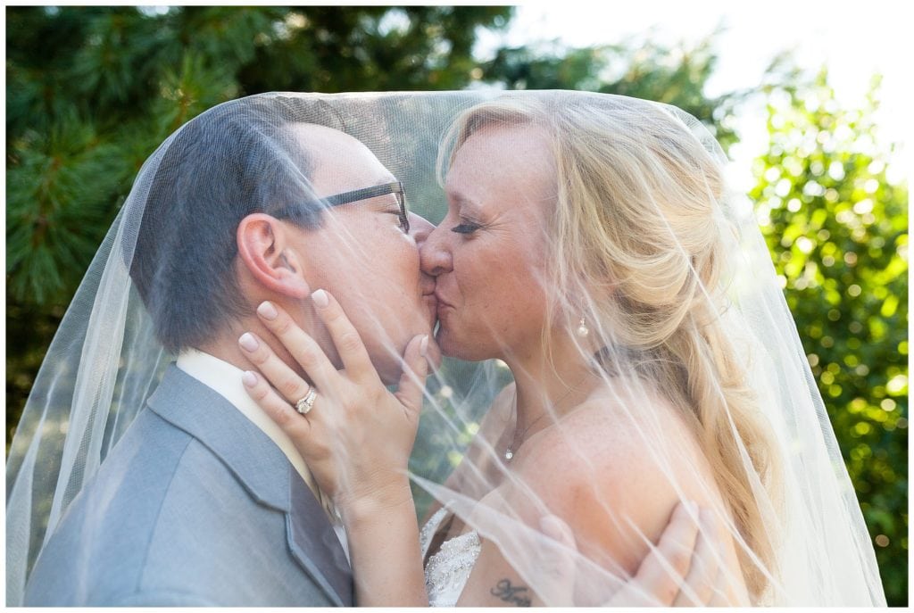 Bride and groom kiss under veil portrait