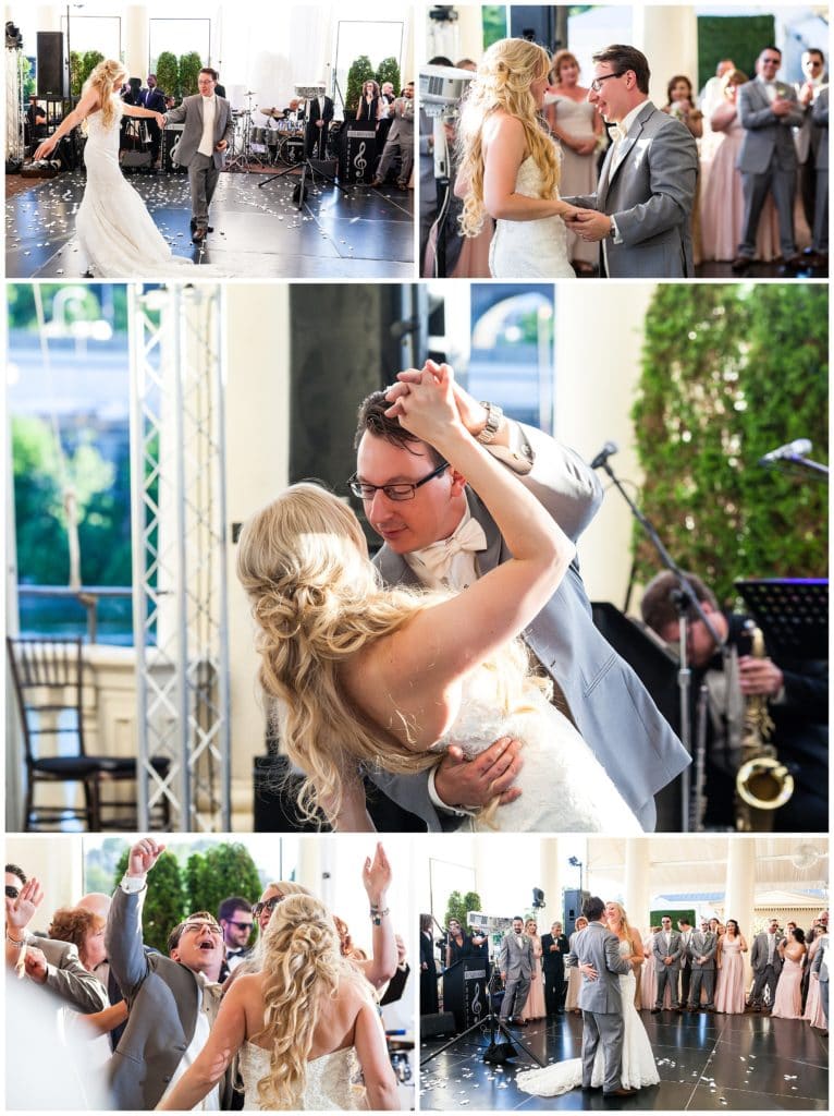Bride and groom first dance with flower petals collage at Waterworks Philadelphia Cescaphe wedding reception