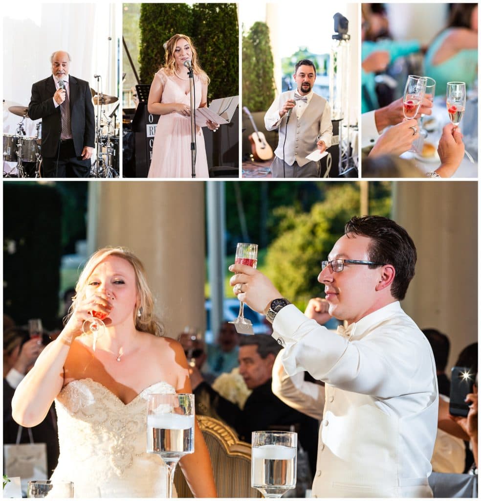 Family, maid of honor, and best man toasts with bride and groom sipping champagne collage at Waterworks Philadelphia Cescaphe wedding reception