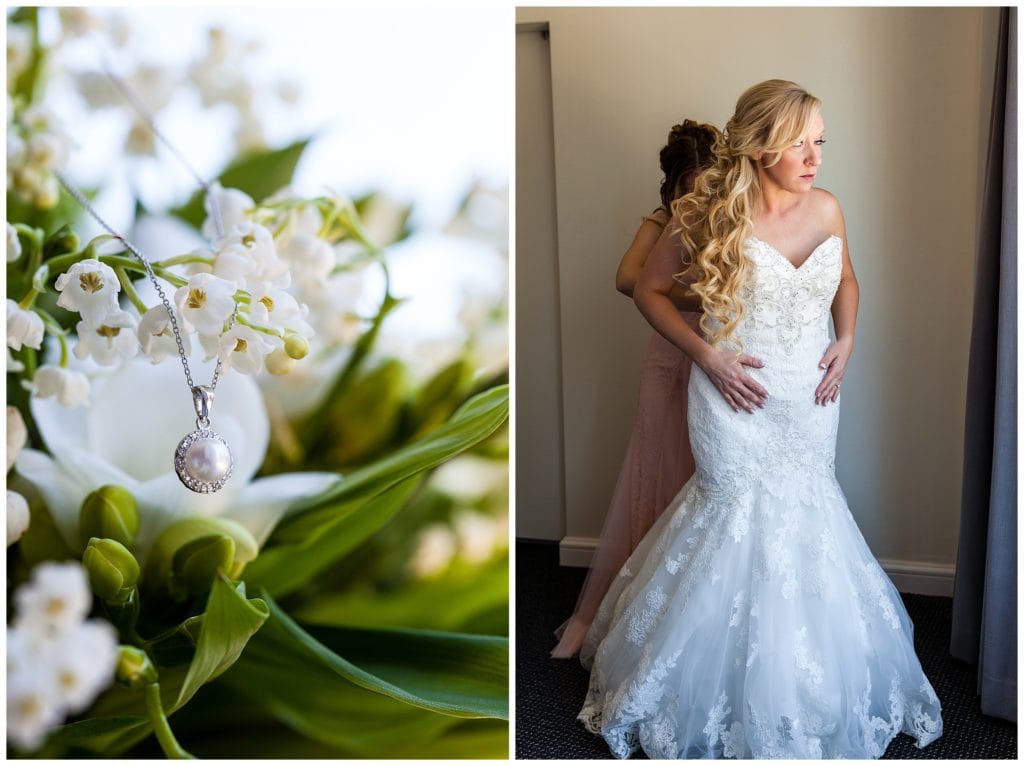 Pearl and diamond necklace on florals with bride getting into dress collage