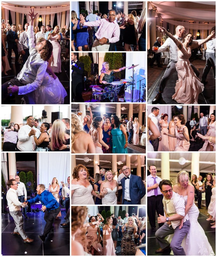 Waterworks Philadelphia wedding reception dance floor and party collage with dancing and singing guests