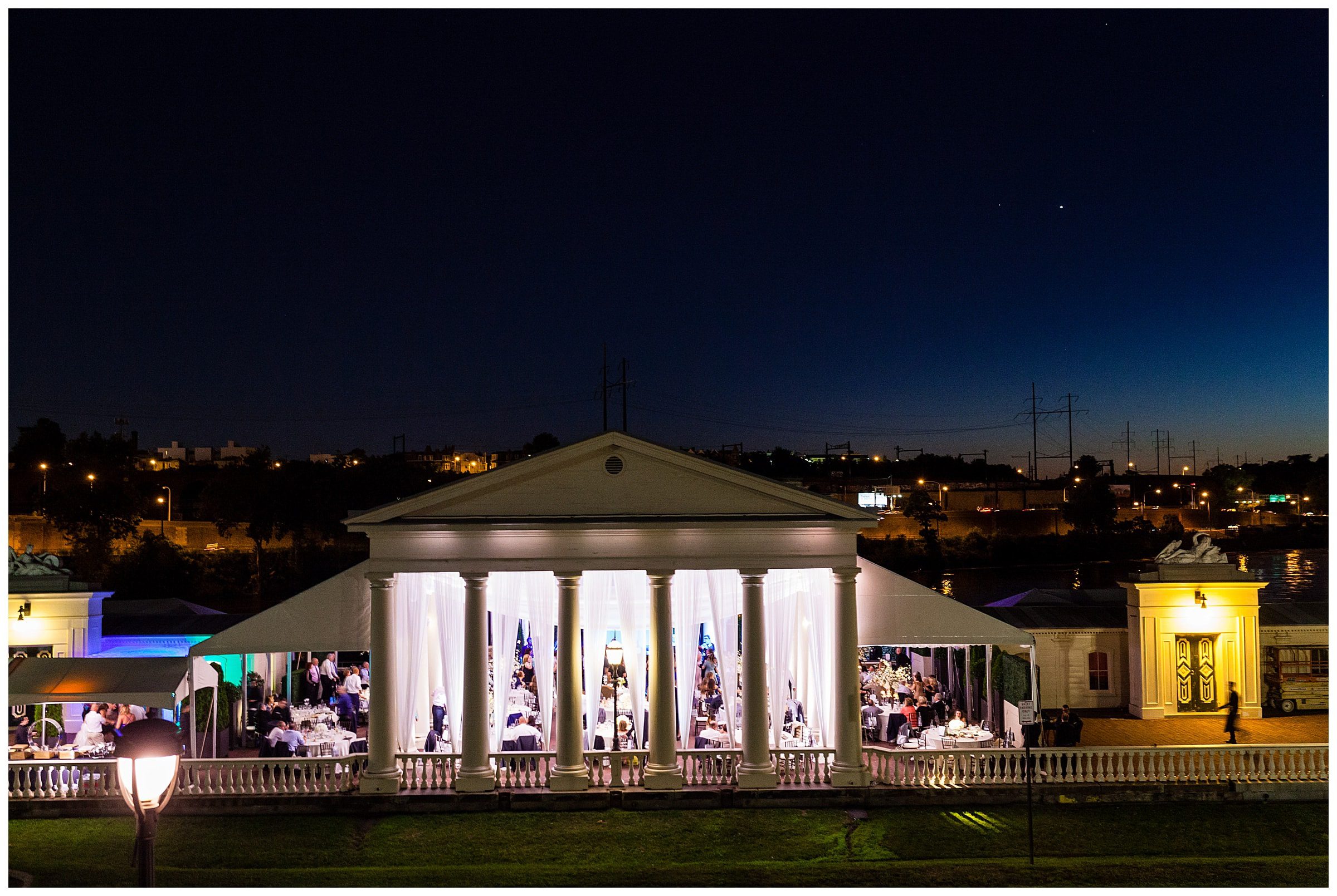 Columns of Waterworks Philadelphia Cescaphe wedding lit up at night