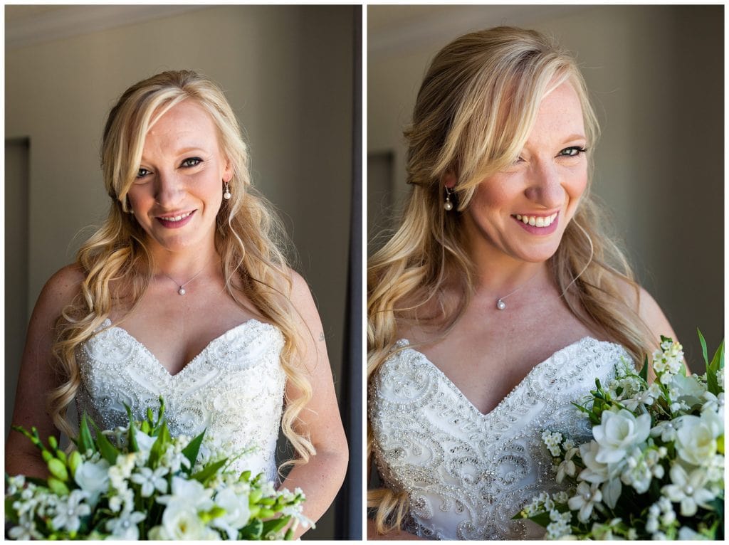 Traditional window-lit bridal portrait with bouquet collage