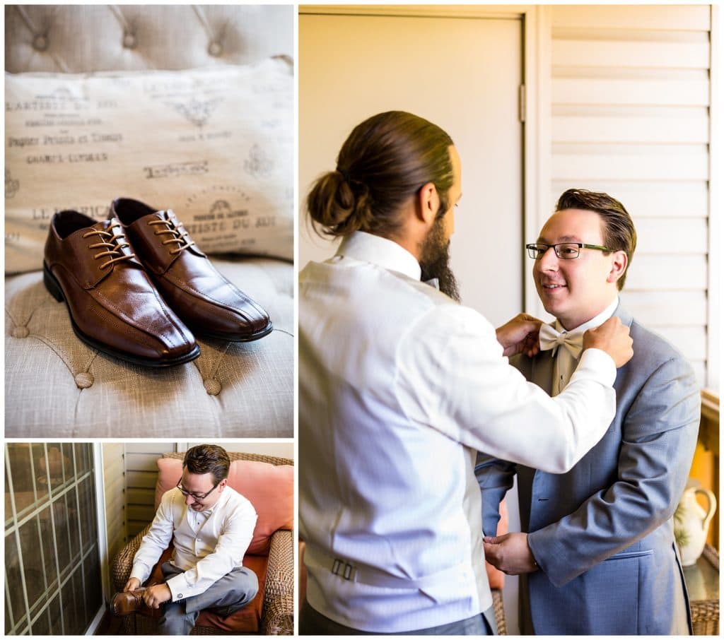 Groom putting on shoes and getting help with bowtie collage