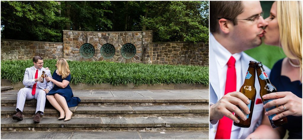 Couple sharing and cheersing Victory beers at Winterthur engagement session