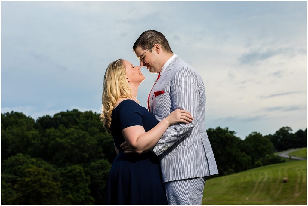 Traditional engagement couples portrait in field at Winterthur