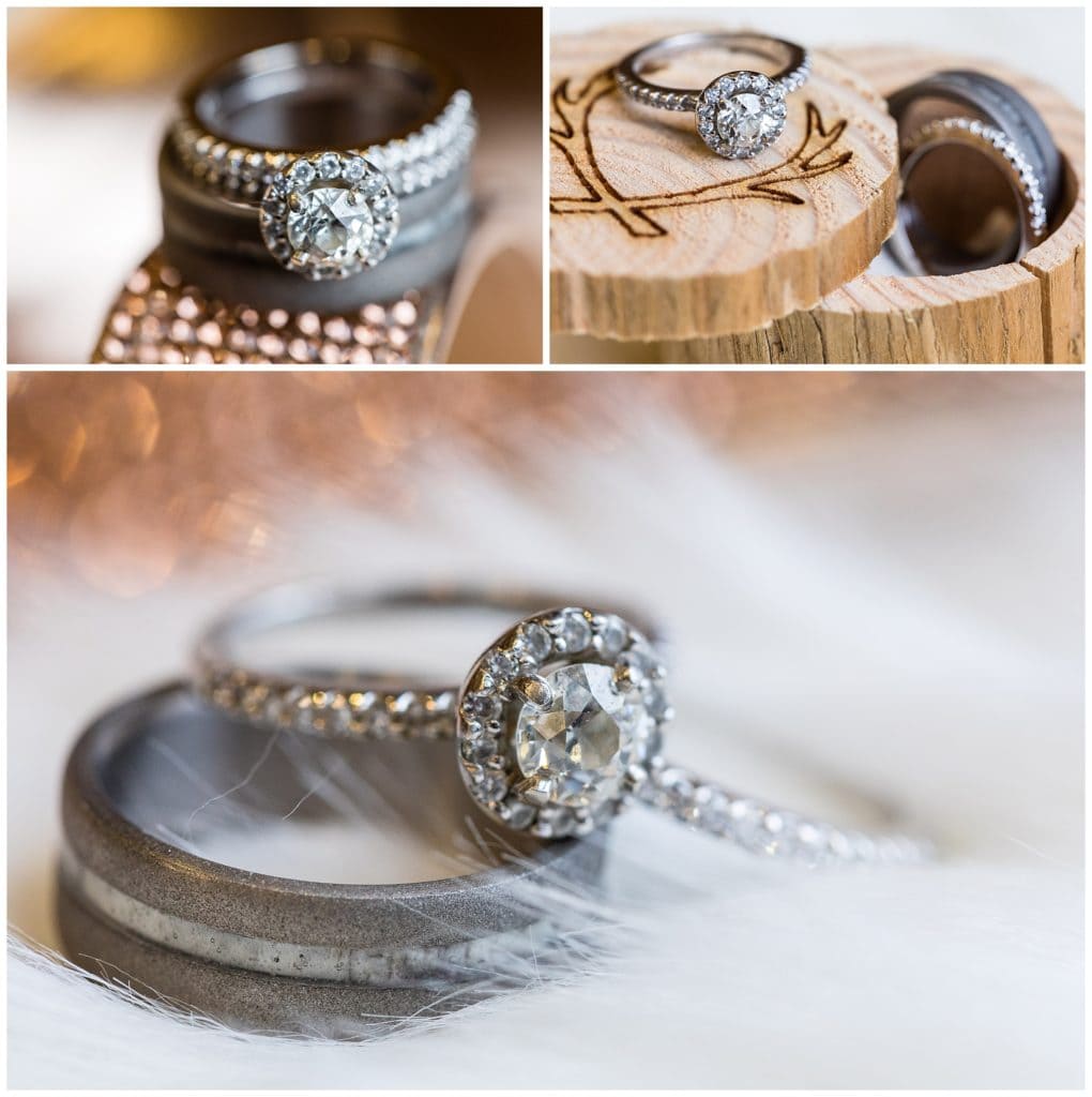 Engagement ring and wedding band detail collage with antler burned wood ring box