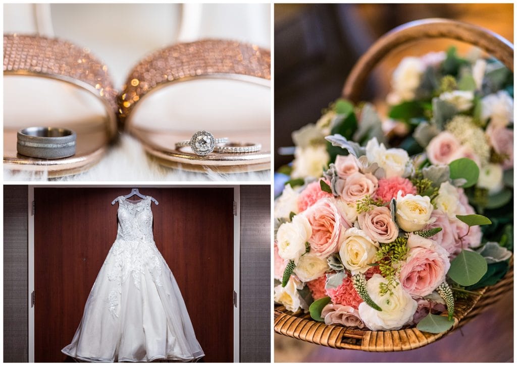 Bridal detail collage with engagement ring and wedding bands on gold studded heels, lace bridal ballgown, and rose bouquets
