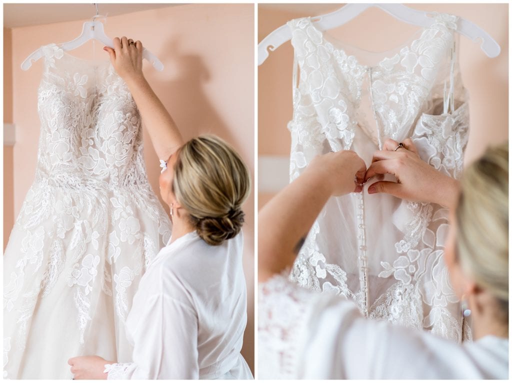 Bride reaching for lace wedding gown and unbuttoning back before getting dressed collage