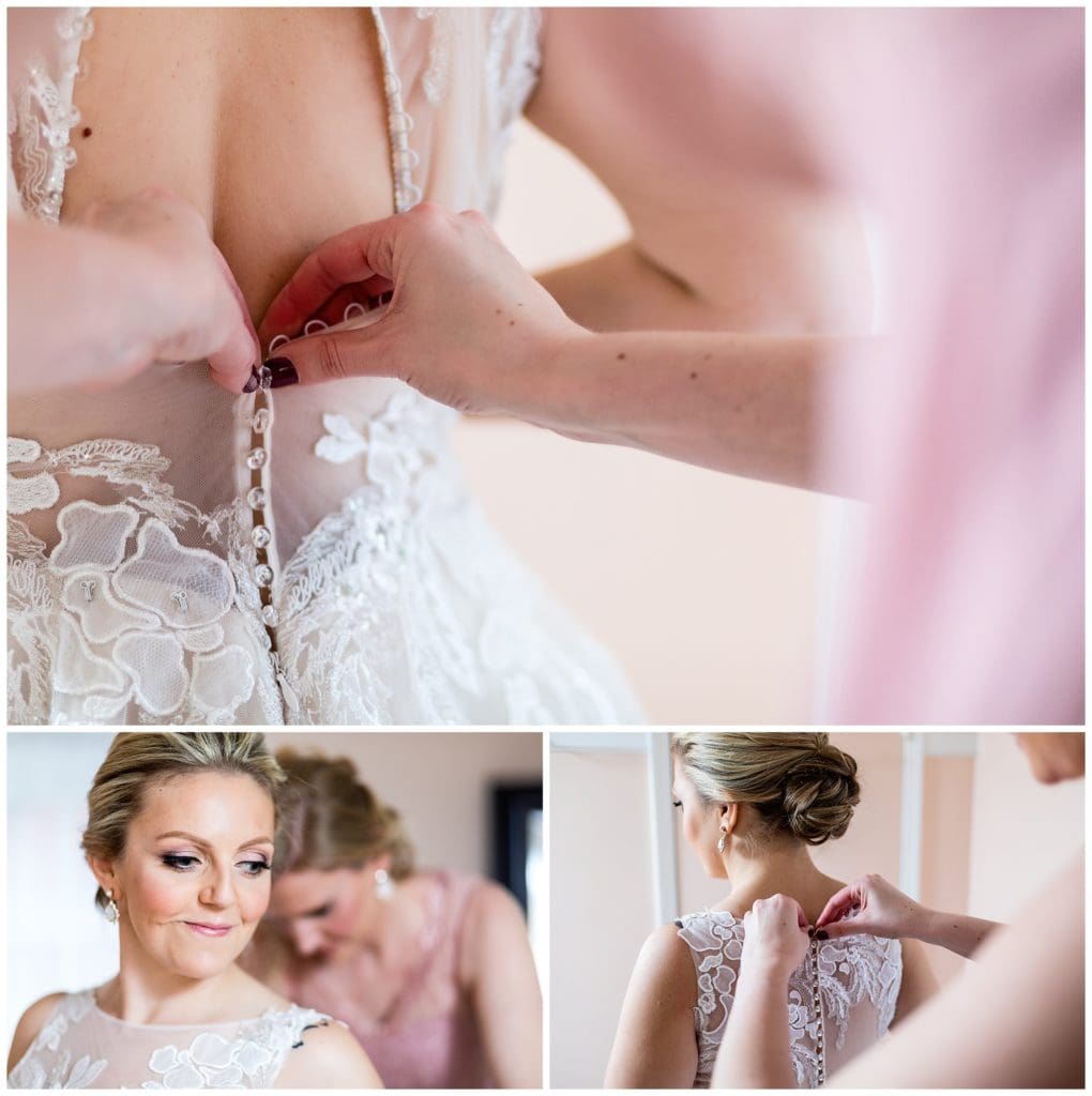 Mother of the bride buttoning brides gown portrait collage