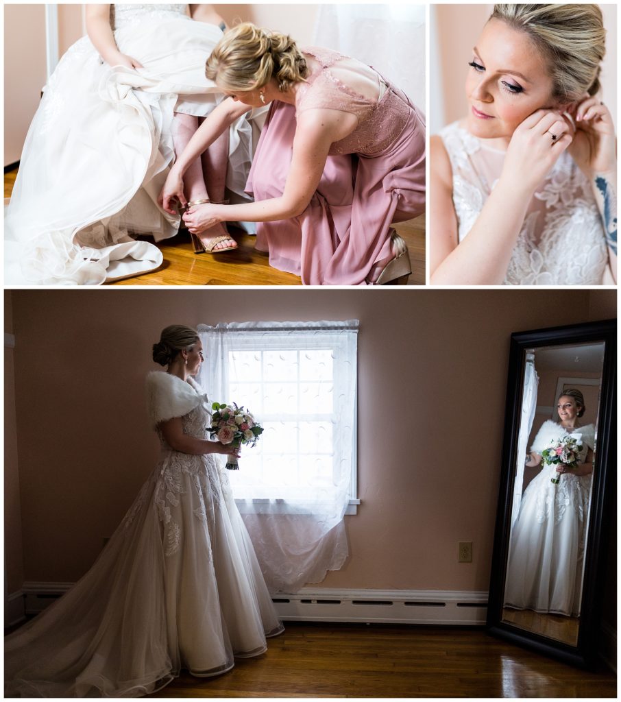 Bride putting on shoes, earrings, and looking in the mirror portrait collage