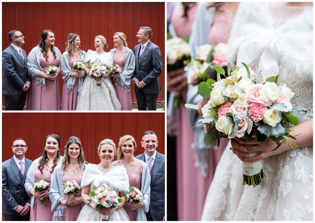 Bridal party portrait collage with rose bouquet detail