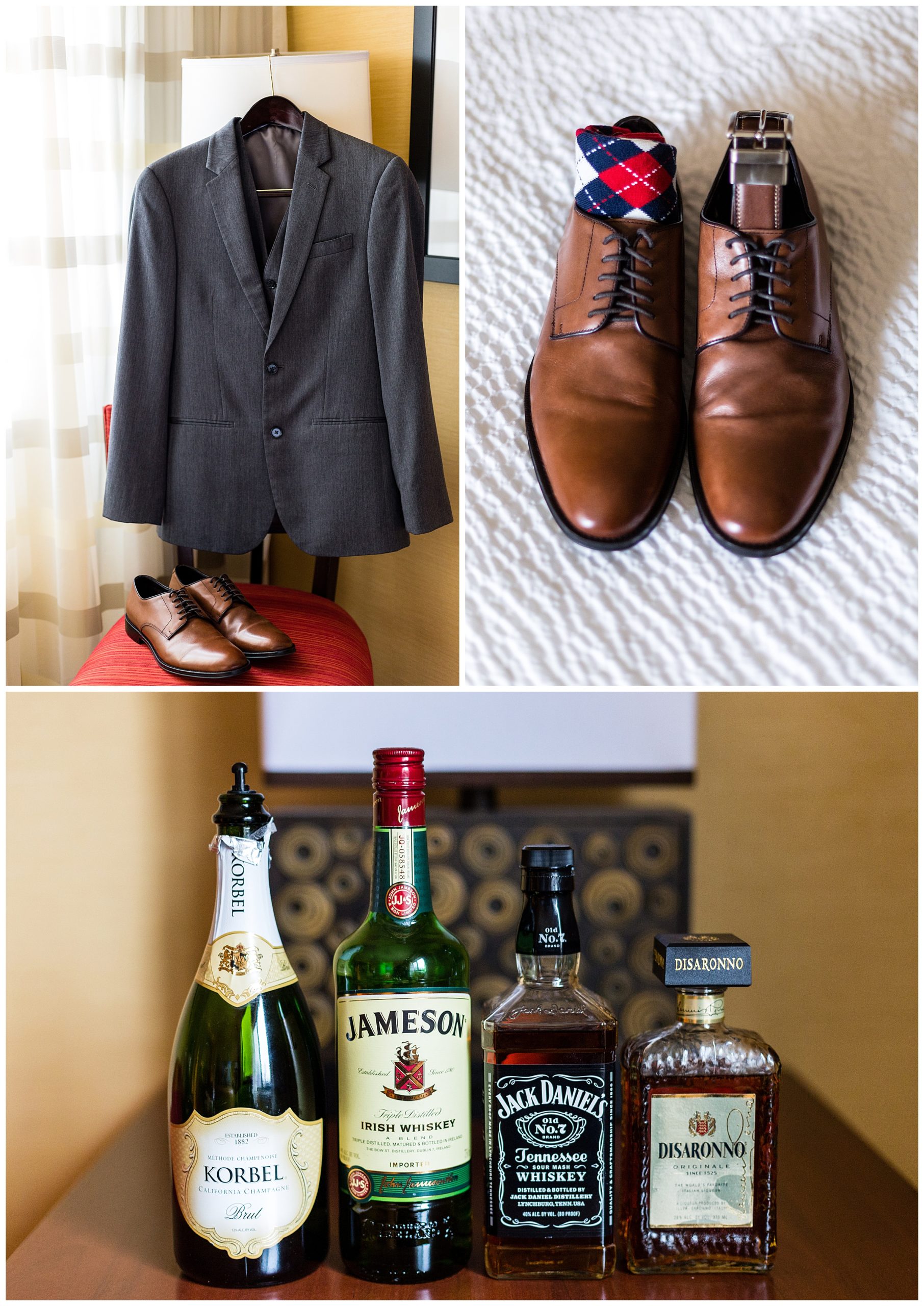 Groom wedding accessories detail collage with jacket, shoes, and whiskey and champagne bottles