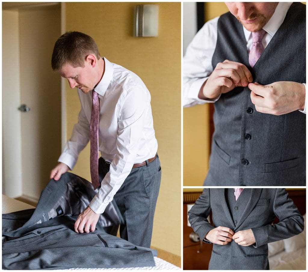 Groom putting on and buttoning tuxedo collage