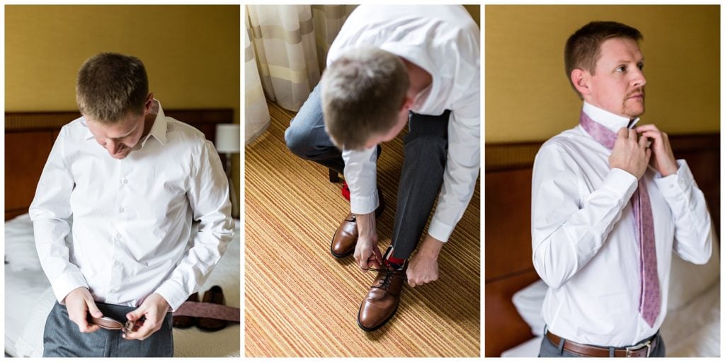 Groom putting on belt, shoes, and tie collage