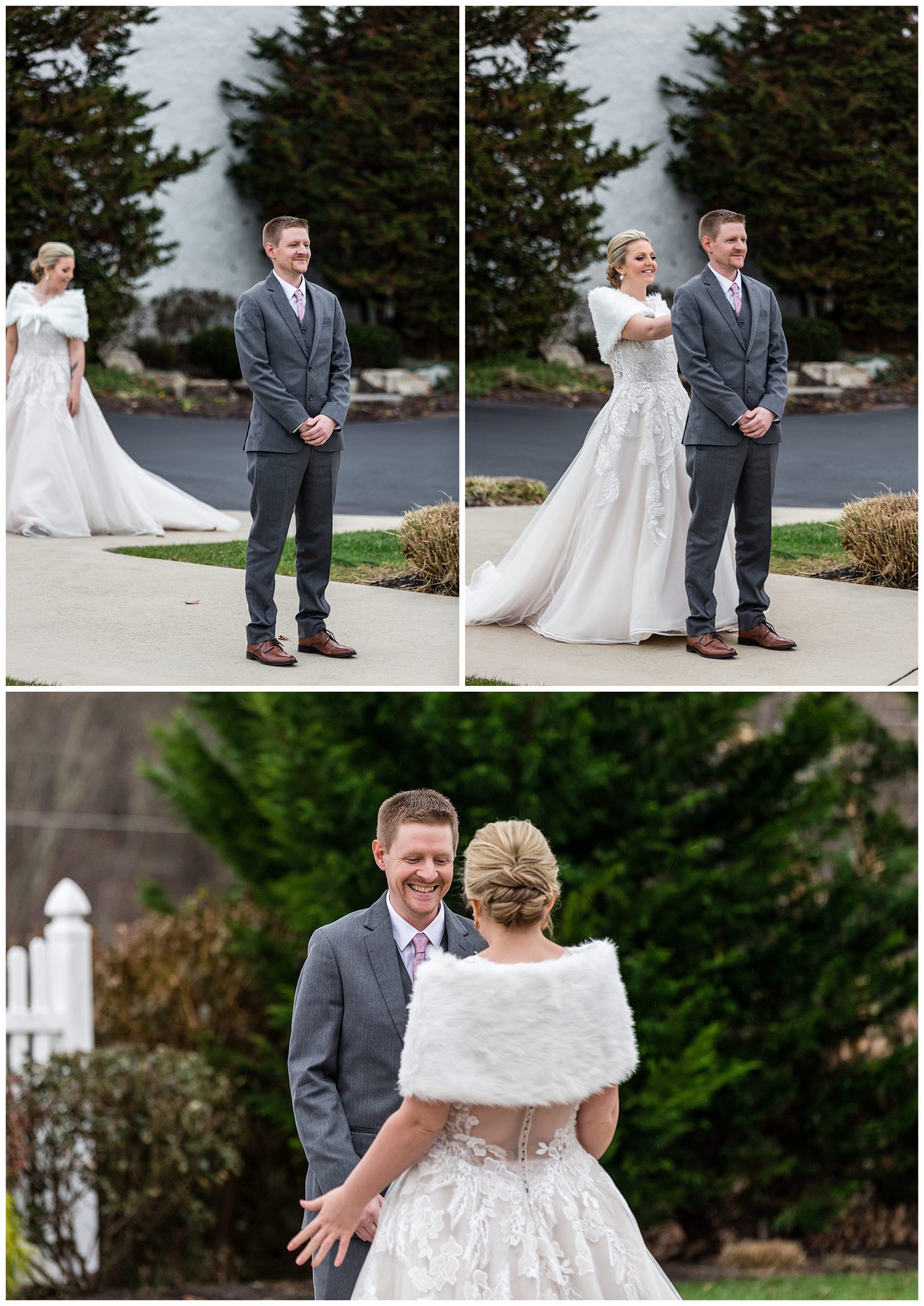 Bride approaches groom and taps him on the shoulder before first look at Barn on Bridge winter holiday wedding