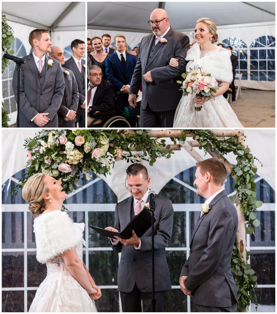 Groom watching bride and her father walk down the aisle collage with bride and groom laughing during ceremony at Barn on Bridge winter holiday wedding