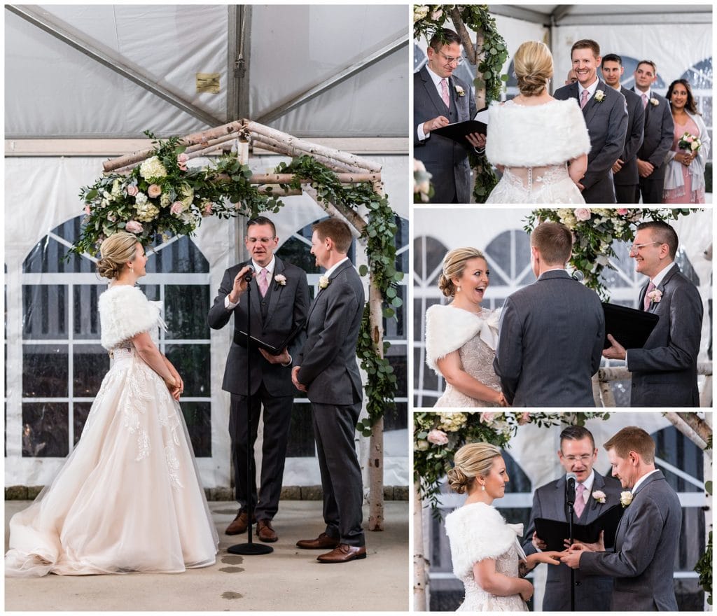 Bride and groom laugh, exchange vows, and exchange rings during wedding ceremony at Barn on Bridge