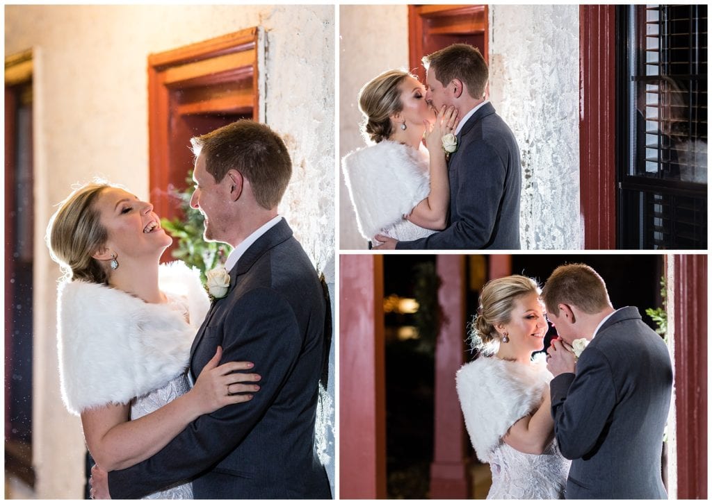 Back lit nighttime bride and groom winter wedding portrait collage at Barn on Bridge