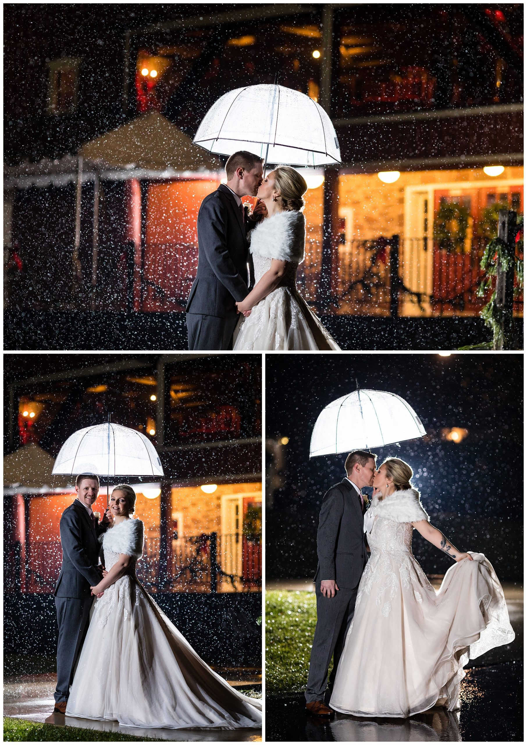 Bride and groom kiss under umbrella in snowy winter wedding at Barn on Bridge
