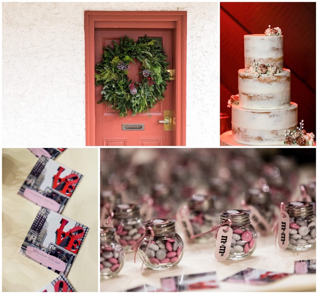 winter holiday wedding detail collage with wreath on door, wedding cake, and m&m favors