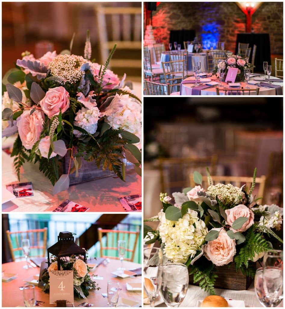 Floral centerpiece detail collage at Barn on Bridge winter holiday wedding