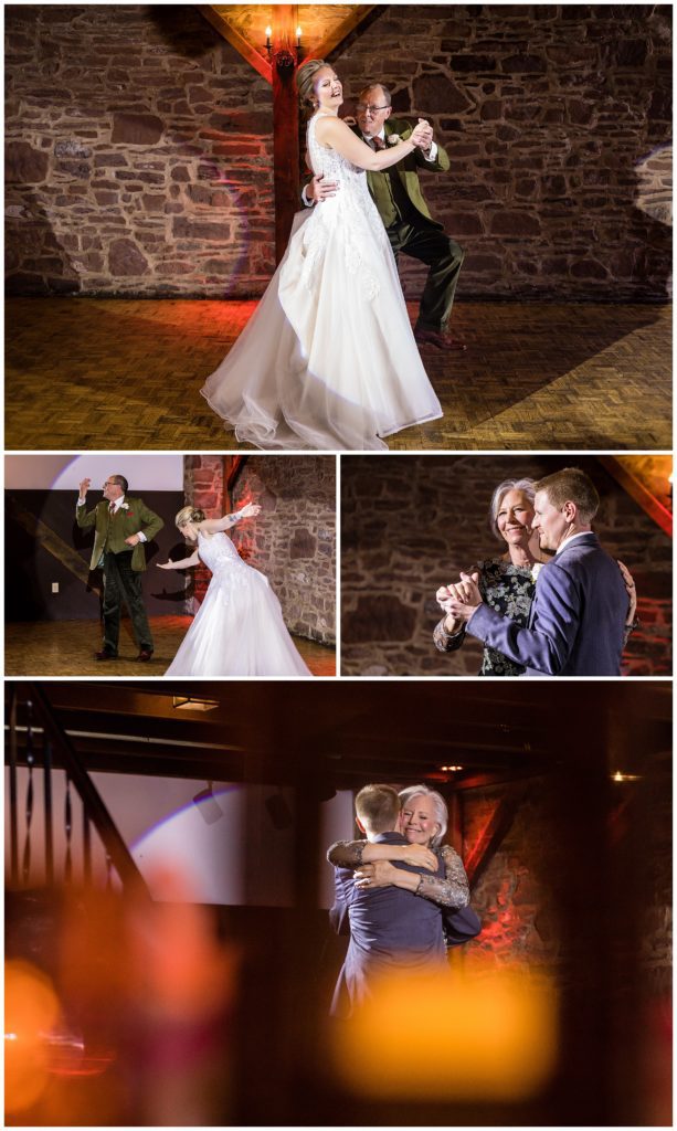 Parent dances with father of the bride and mother of the groom during wedding reception at Barn on Bridge
