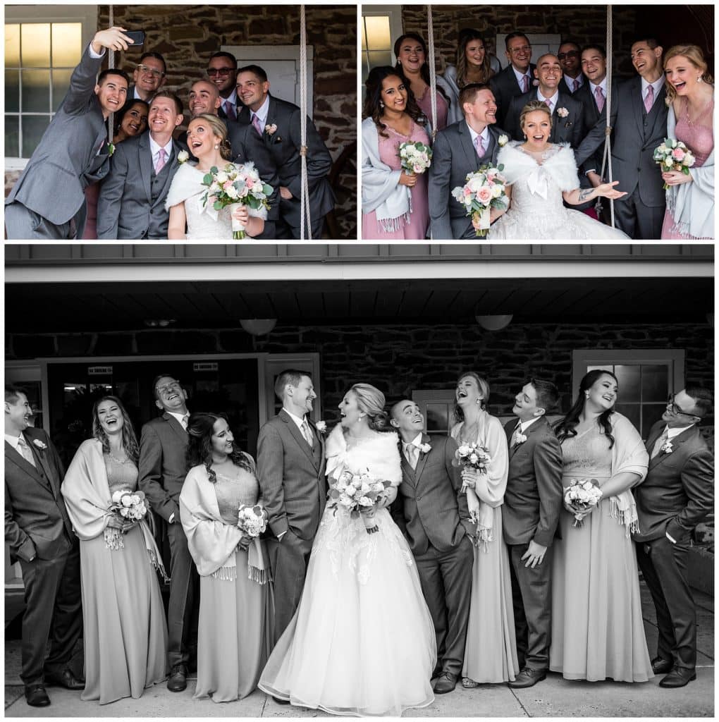 Wedding party taking a selfie, bride and groom sit on swing surrounded by wedding party, and traditional black and white wedding party portrait collage
