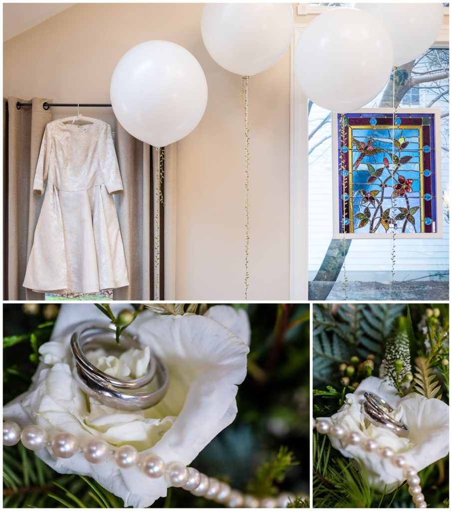 Bridal detail collage with dress hanging next to balloons and stained glass window and wedding bands in floral bouquet