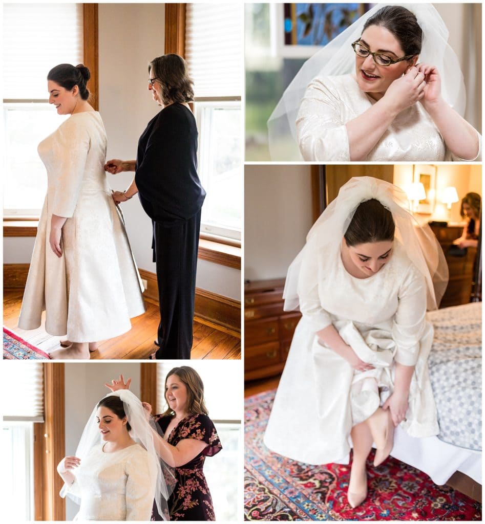 Bride getting ready collage with mother of the bride and bridesmaid helping bride into gown and veil and bride putting on earrings and shoes