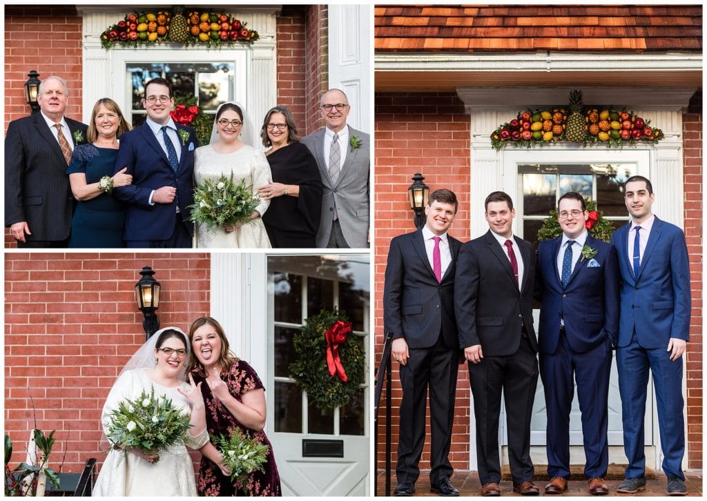 Wedding family portrait collage with groomsmen, bride and grooms parents, and bride and bridesmaid making rocker faces