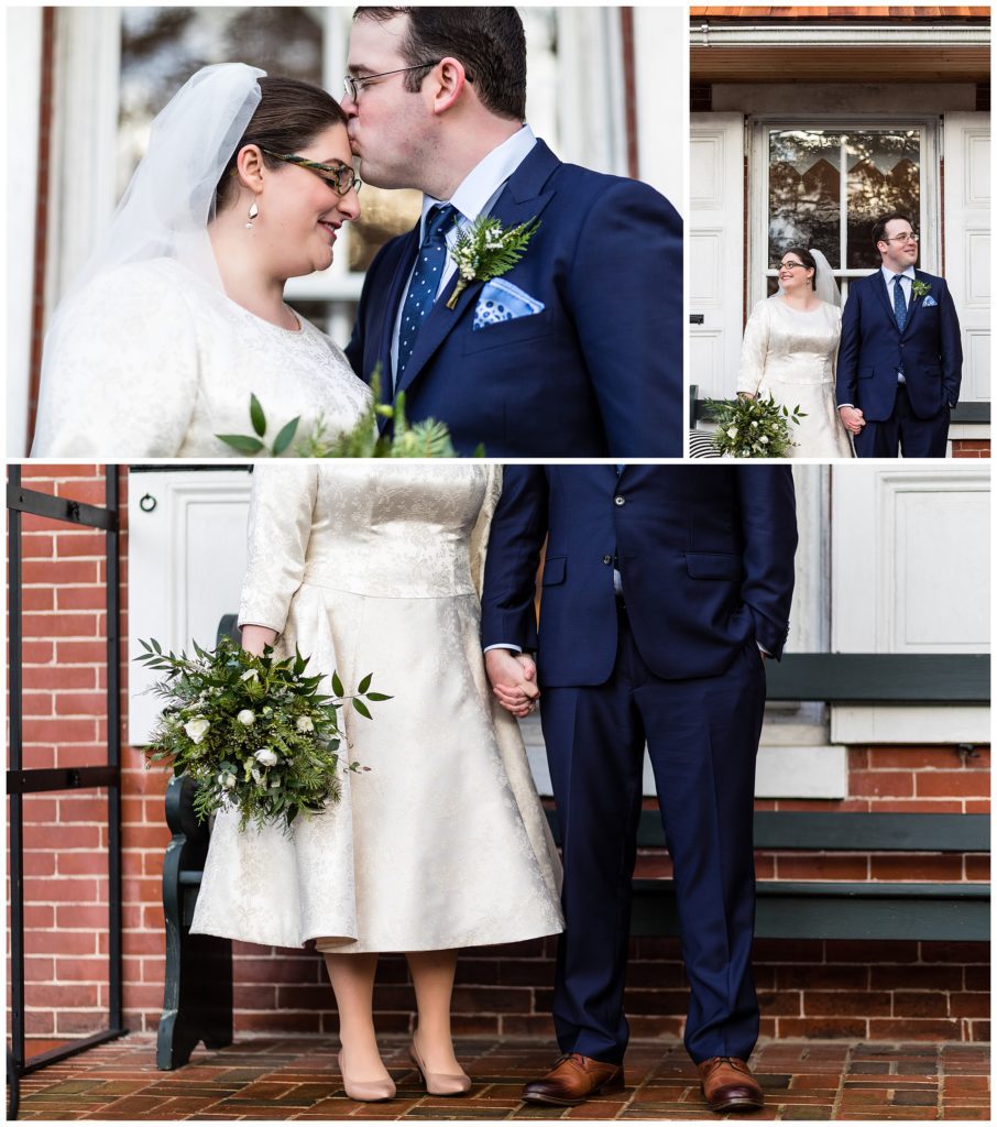 Intimate wedding portrait collage with groom kissing bride on forehead and bride and groom holding hands