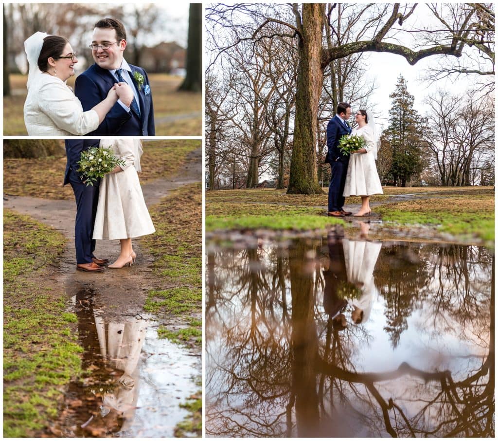 Romantic bride and groom portrait collage in field with reflections in puddles