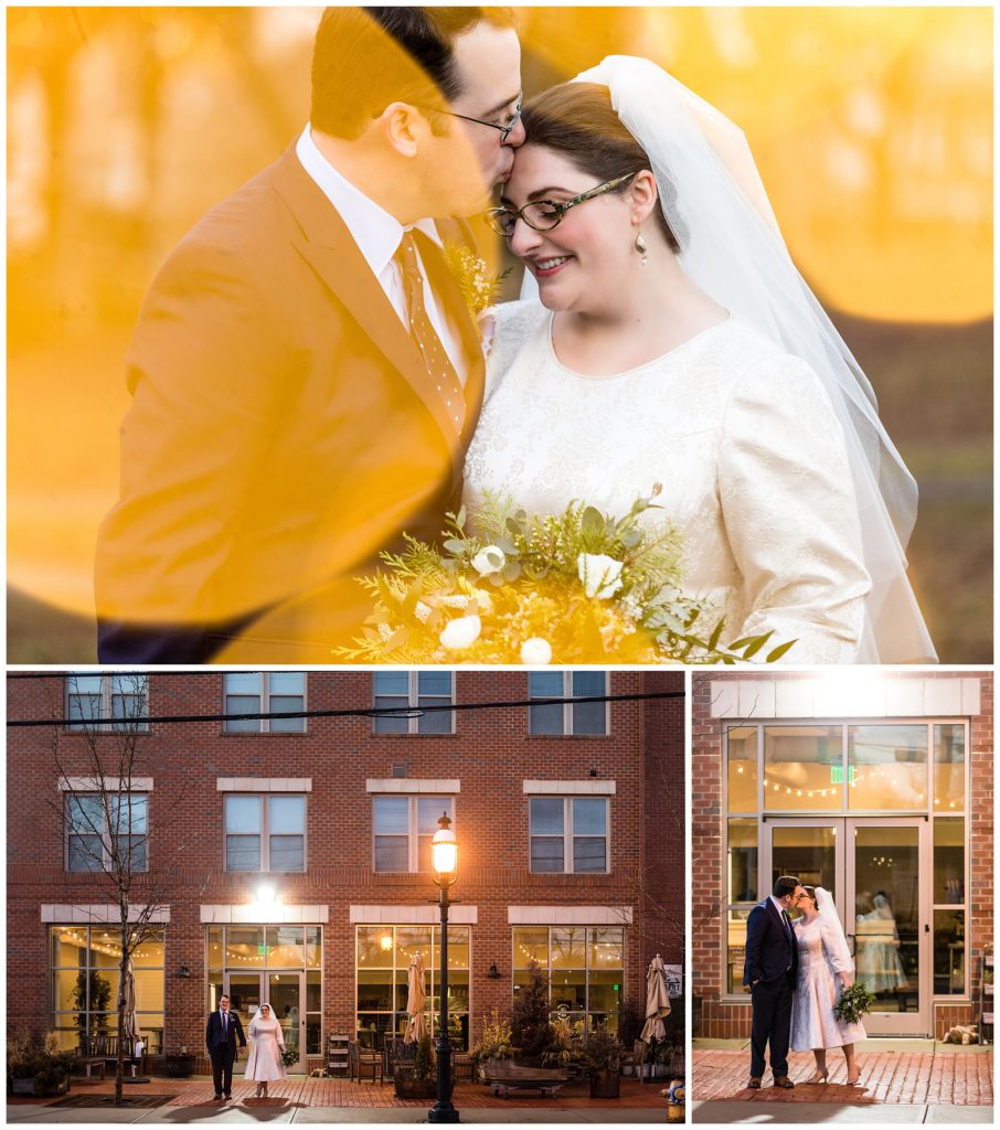 Groom kissing bride on forehead with bokeh and bride and groom kissing outside Malvern Buttery at intimate wedding