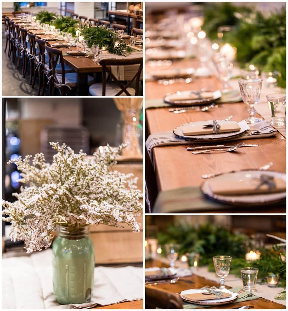 Intimate wedding reception table details at Malvern Buttery with long wooden table, simple centerpieces, and greenery table runner
