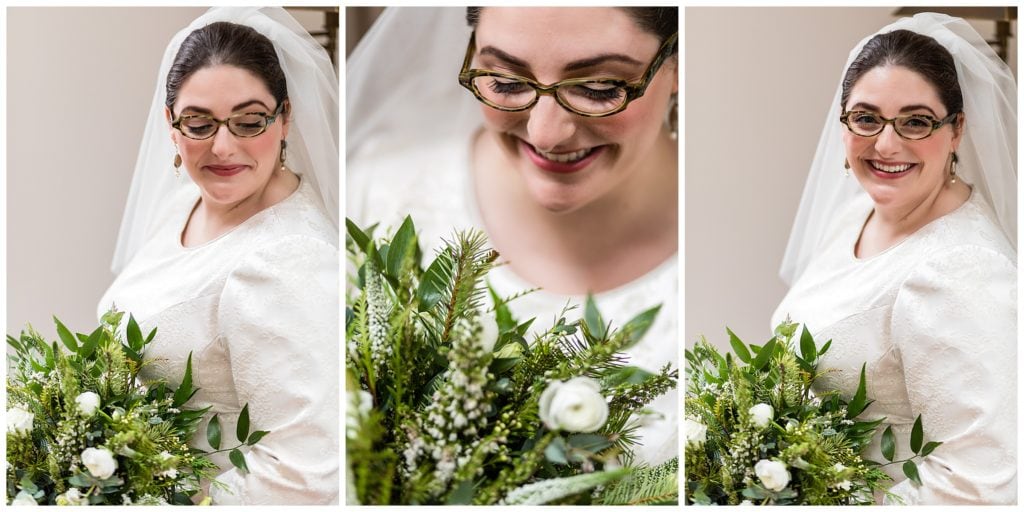 Traditional window lit bridal portrait collage with pine and greenery bouquet