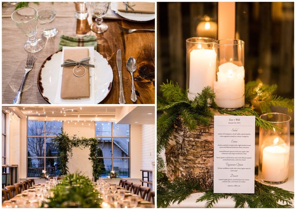 Intimate wedding at Malvern Buttery with simple brown settings, greenery table runners, and stump with candles centerpiece and menu
