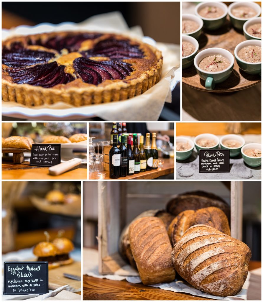 Malvern Buttery intimate wedding details with wedding pie, fresh bread, hand pies, mini bar, and polenta pots
