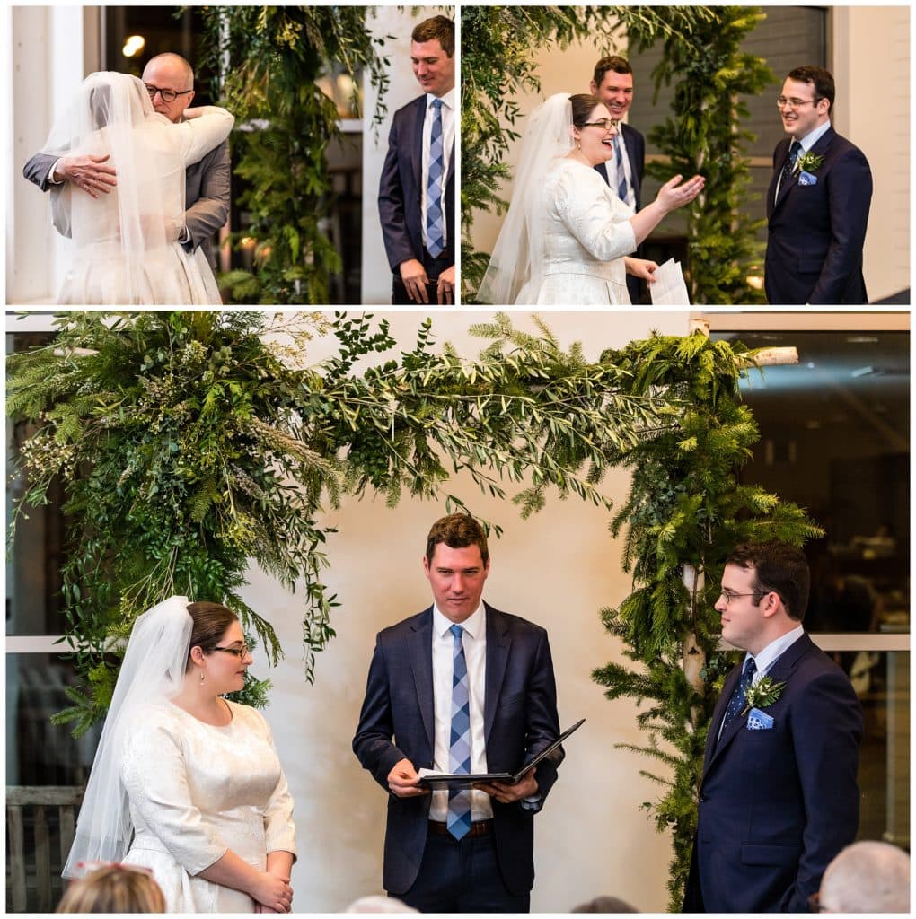 Father hugging bride at alter and bride and groom laughing during intimate wedding ceremony at Malvern Buttery