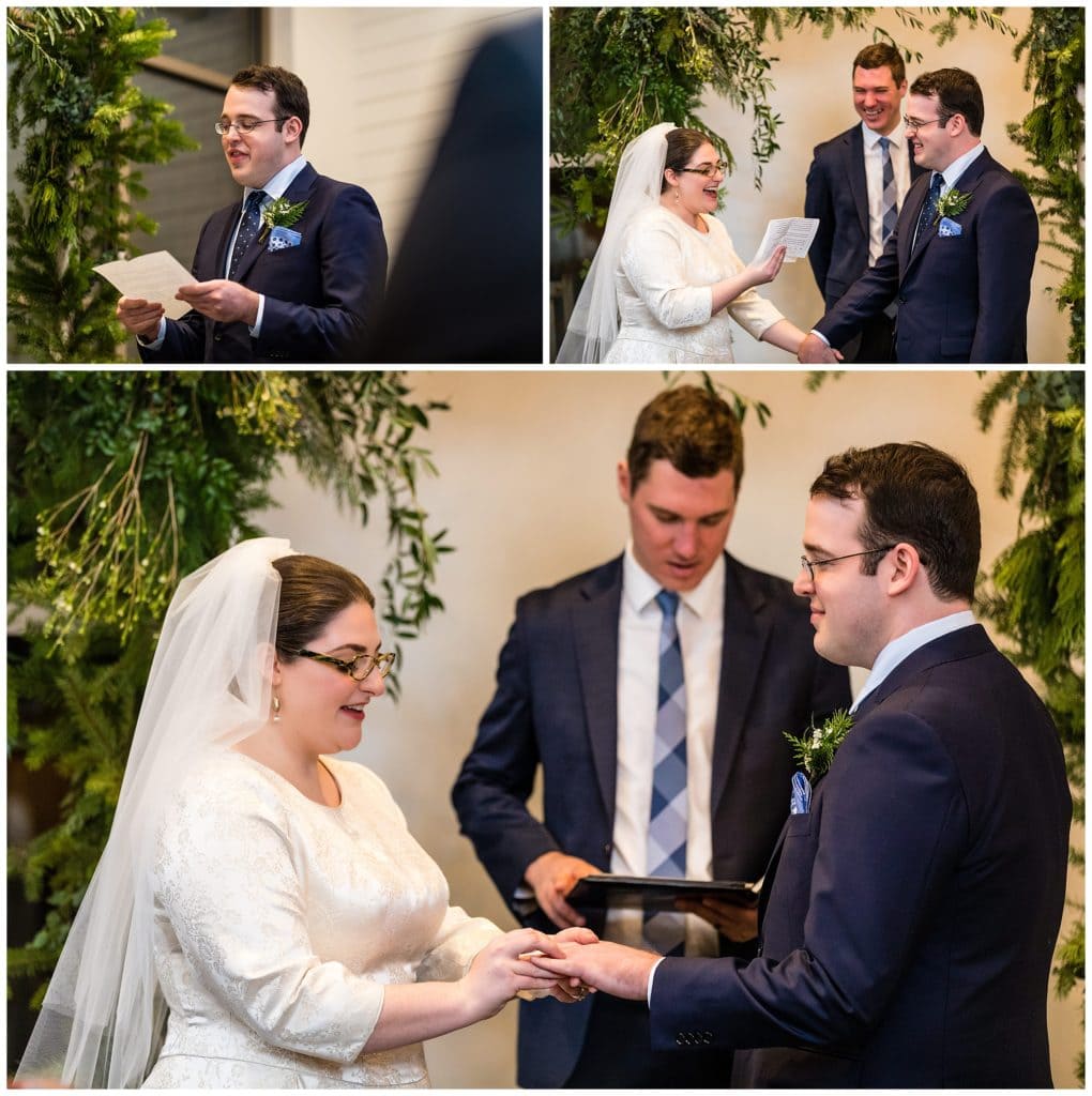 Bride an groom reading personal vows and exchanging rings at intimate Malvern Buttery wedding ceremony