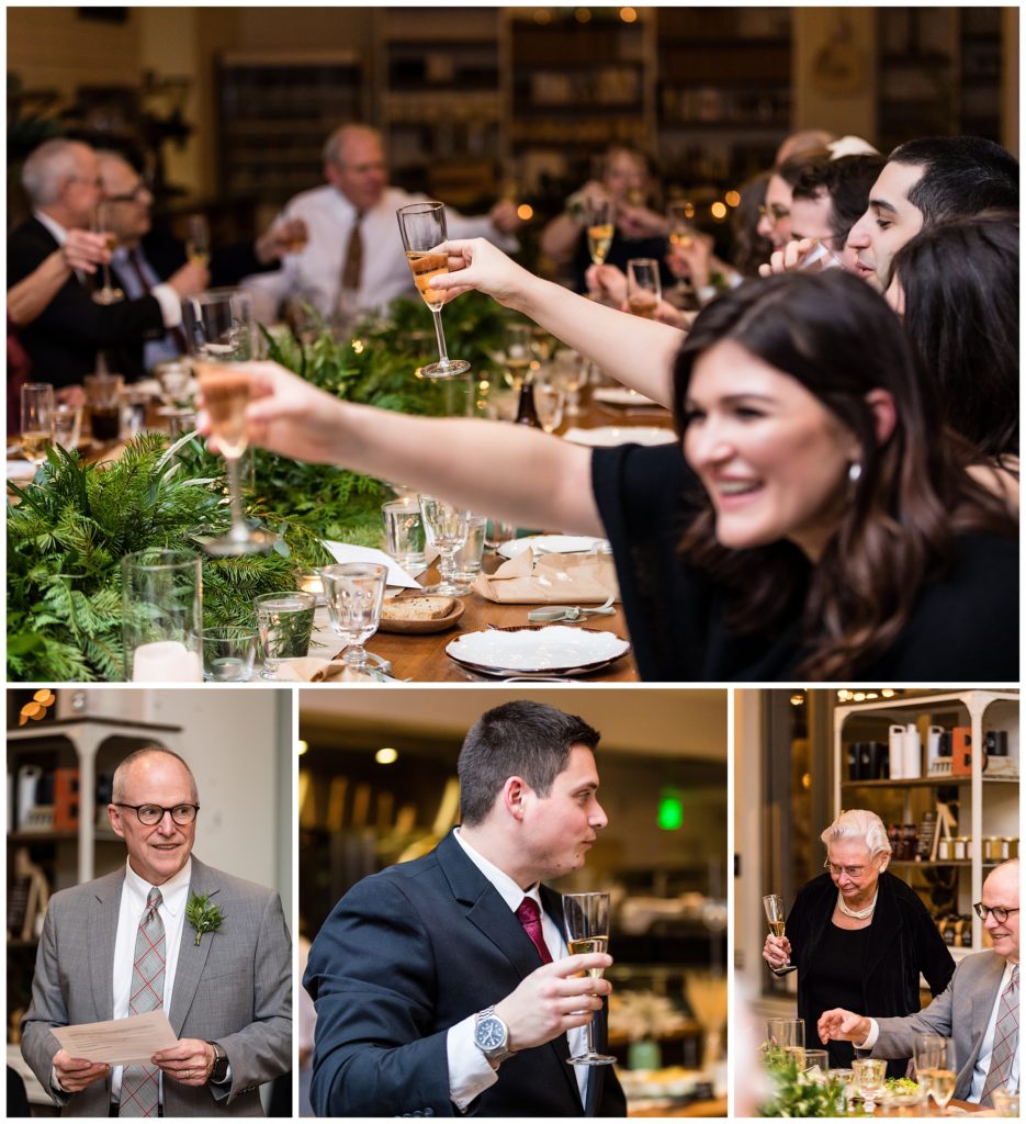 Guests toasting during parent and best man speeches at intimate Malvern Buttery wedding reception