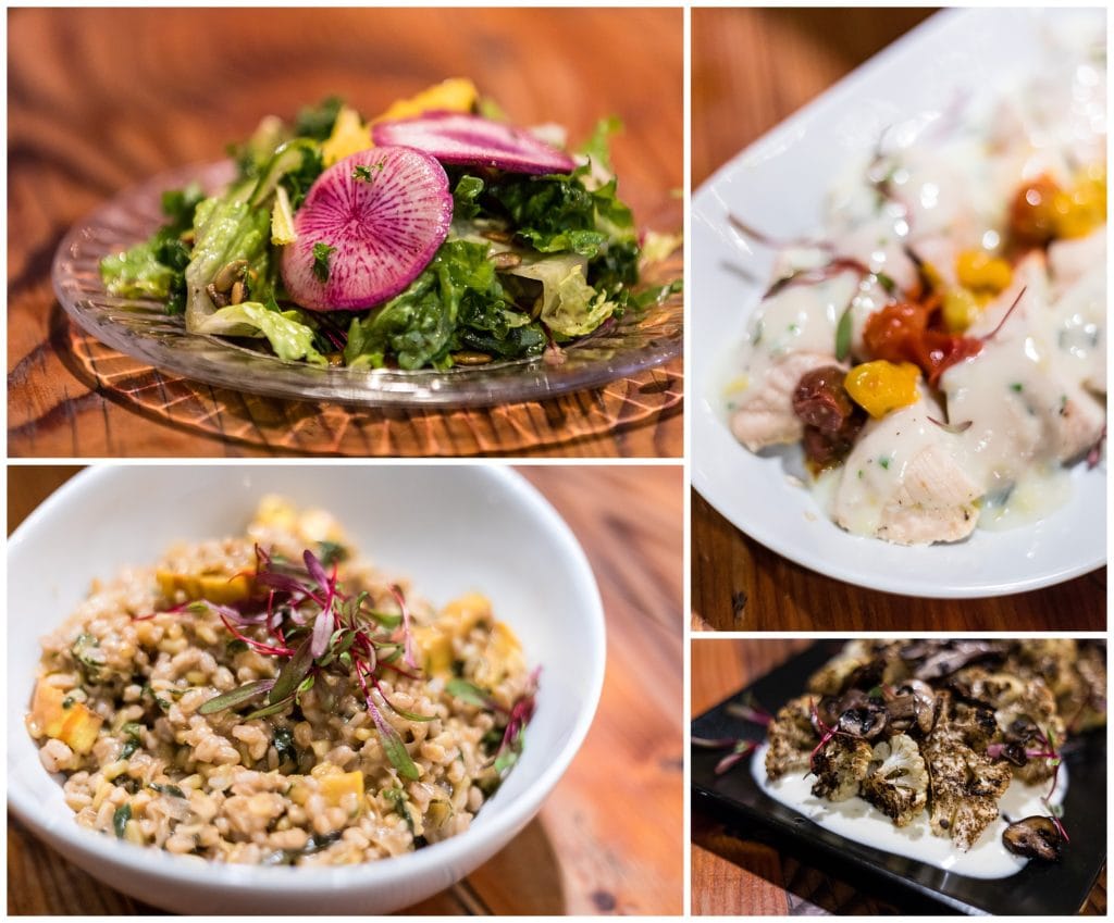 Malvern Buttery intimate wedding food collage with salad, grain bowl, cauliflower, and chicken entree