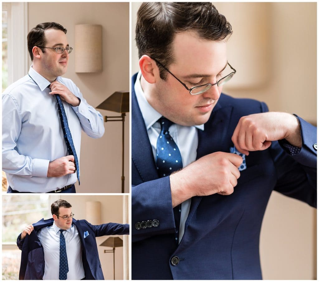 Traditional groom portrait collage with groom straightening tie, putting on jacket, and fixing pocket square