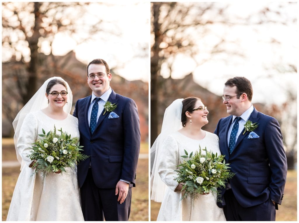 Traditional bride and groom standing together and looking at each other portrait collage