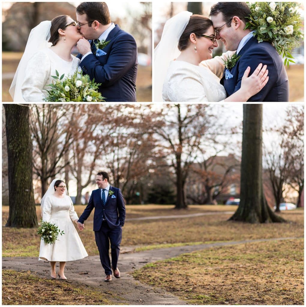Bride and groom kissing and walking though trees at intimate Malvern Buttery wedding
