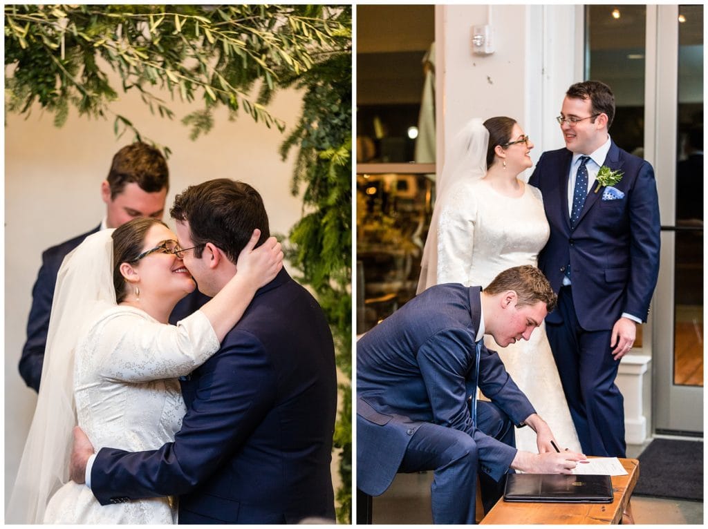 Bride and groom kiss during intimate wedding ceremony and watch signing at Malvern Buttery