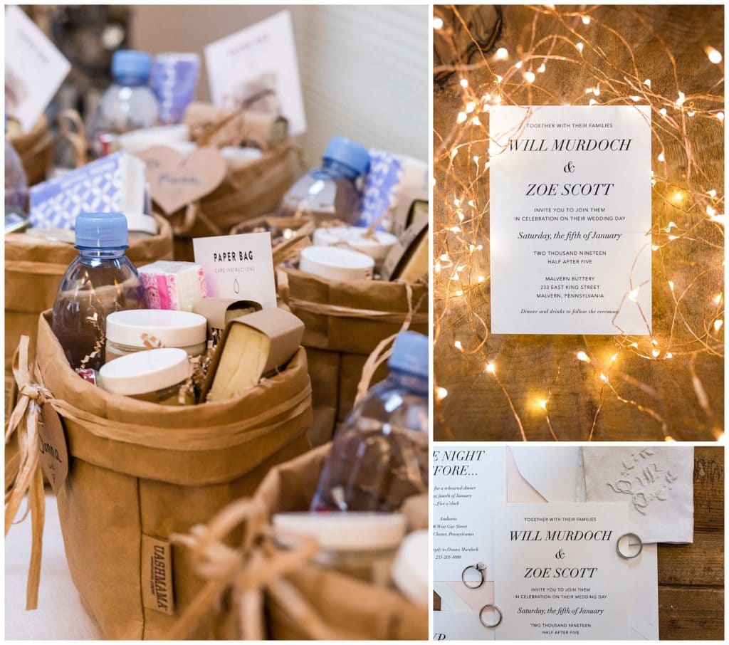 Intimate wedding sustainable gift bags and wedding invitation wrapped in string lights collage