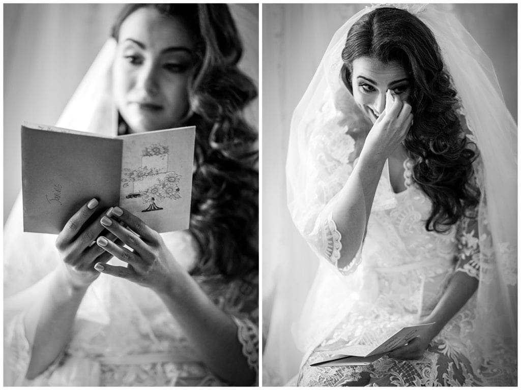 Black and white collage of bride reading card from groom and wiping away tears